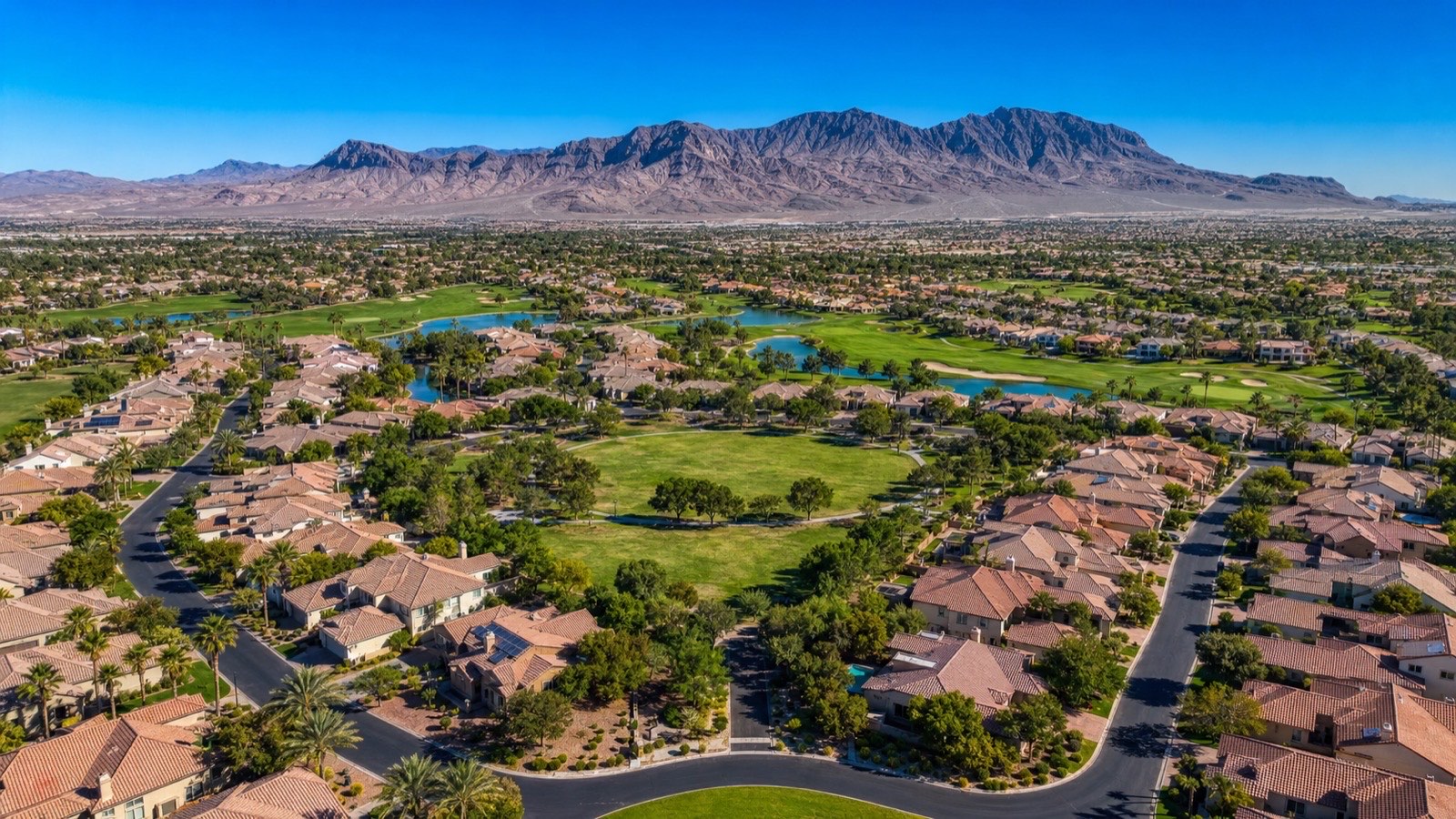 Aliante master plan aerial in North Las Vegas showing parks, schools, and single-family neighborhoods — NREG serves every North Las Vegas community